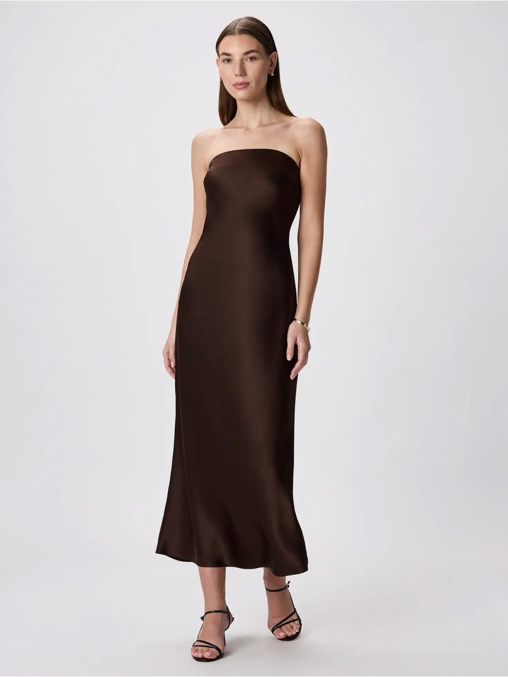 Quince Brown Hot Fudge 100% washable silk strapless midi dress